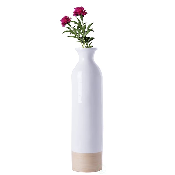 Uniquewise Cylinder Shaped Tall Spun Bamboo Floor Vase Glossy White Lacquer and Natural Bamboo Finish, Small QI003455WN.S - main